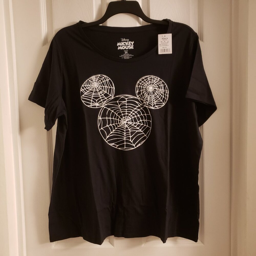 Disney Women's Mickey Mouse Logo Ears Spiderweb Halloween Black White T-Shirt 2X